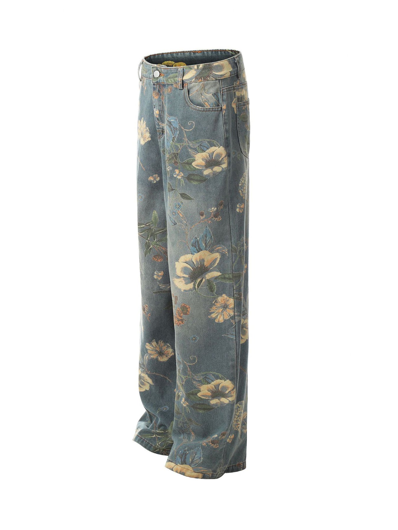 PrimeMasc Vintage Floral Print Wide-Leg Denim Jeans – High-Waist Casual Streetwear for Spring and Summer
